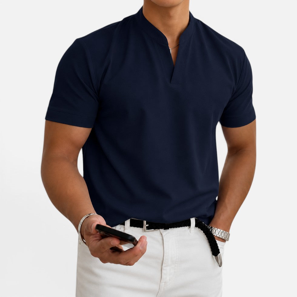 Short Sleeve Collarless V Neck T Shirt