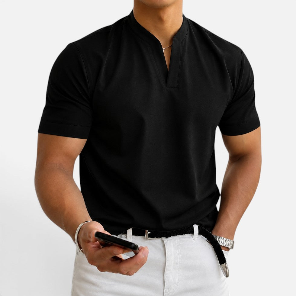 Short Sleeve Collarless V Neck T Shirt