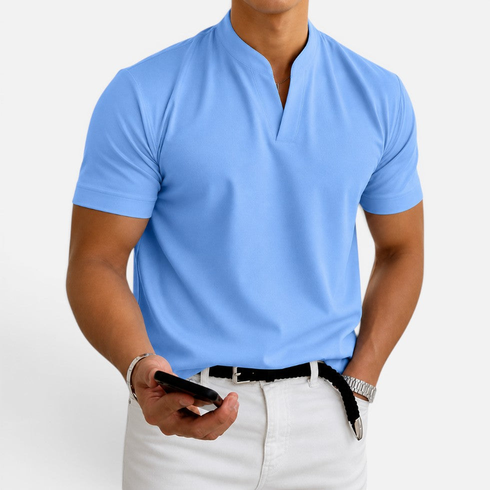 Short Sleeve Collarless V Neck T Shirt