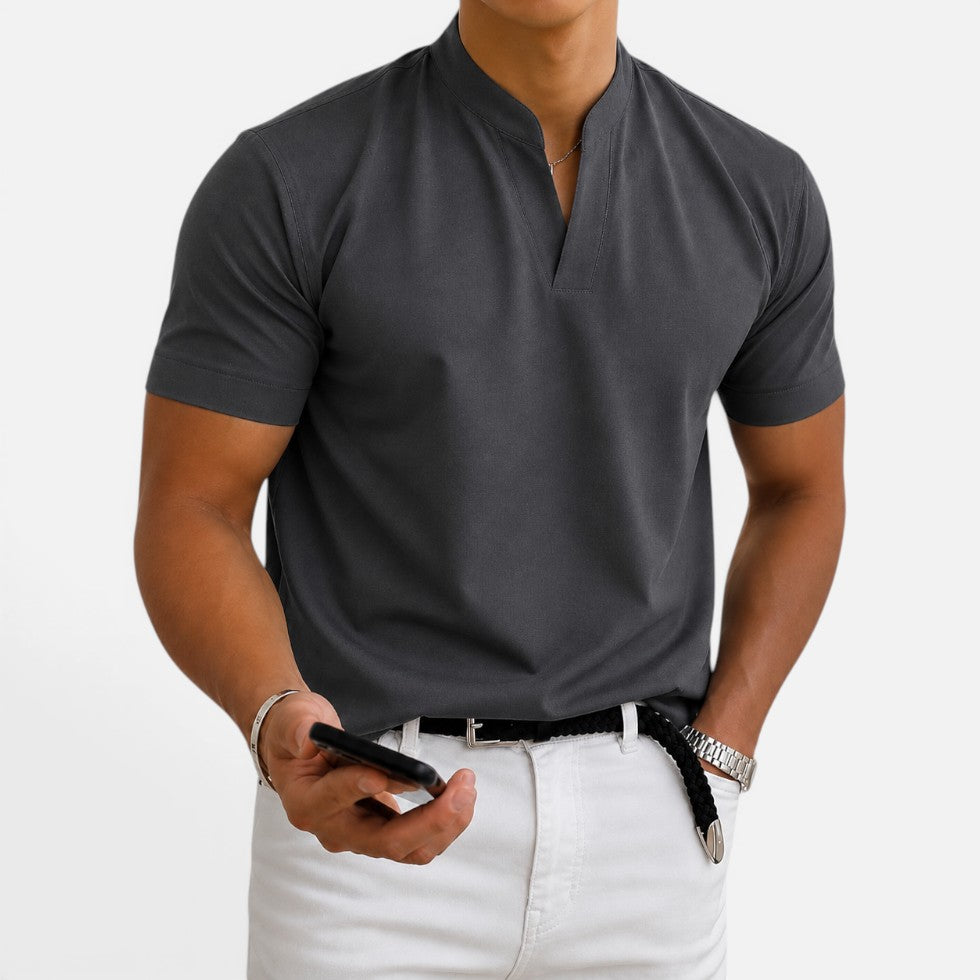 Short Sleeve Collarless V Neck T Shirt