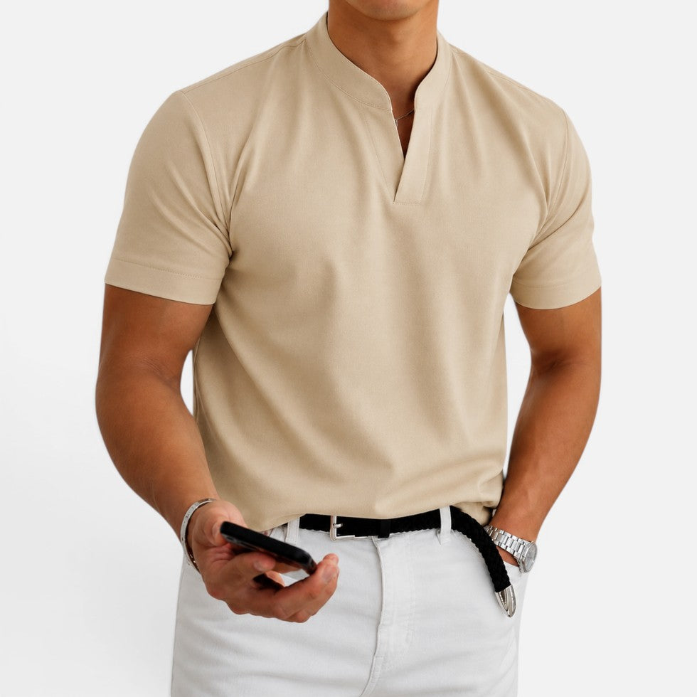 Short Sleeve Collarless V Neck T Shirt
