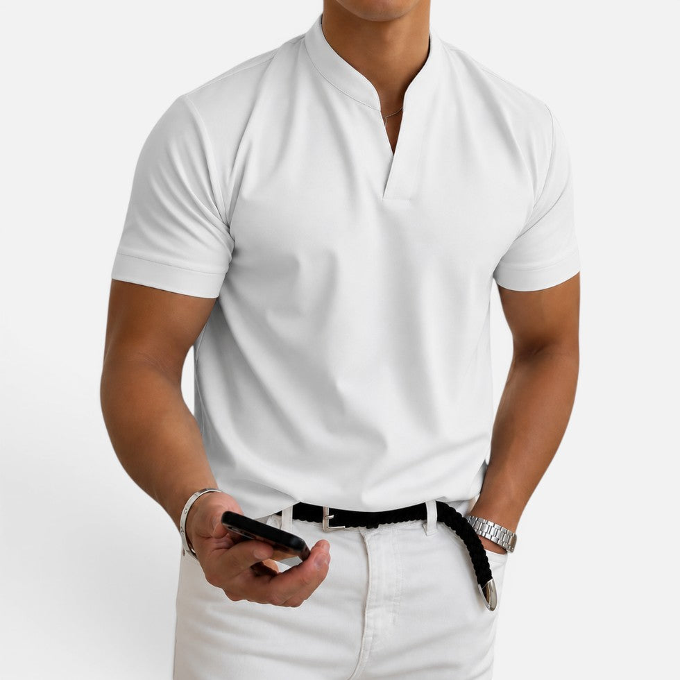 Short Sleeve Collarless V Neck T Shirt