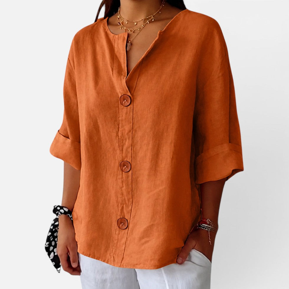 Linen Button Front Relaxed Fit Blouse