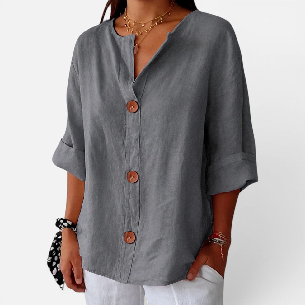 Linen Button Front Relaxed Fit Blouse