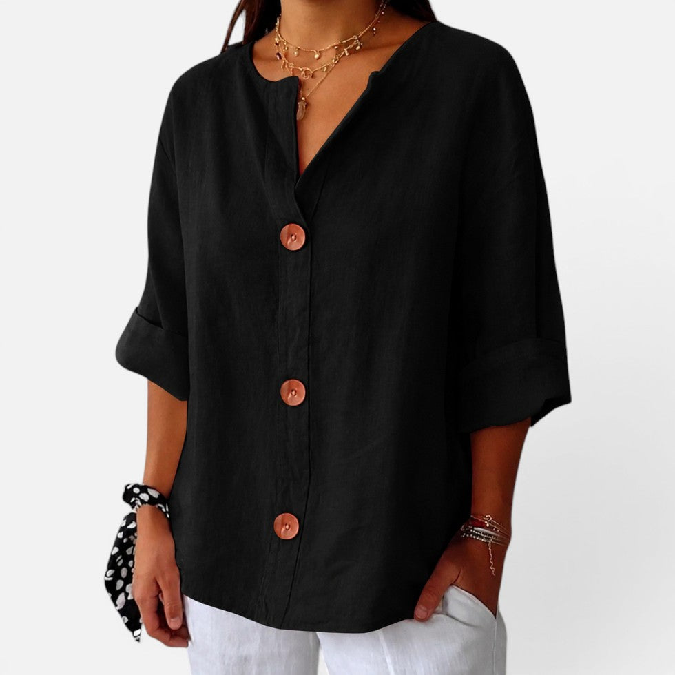 Linen Button Front Relaxed Fit Blouse