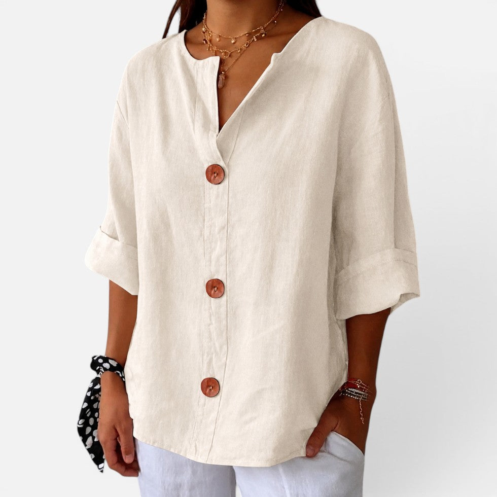 Linen Button Front Relaxed Fit Blouse