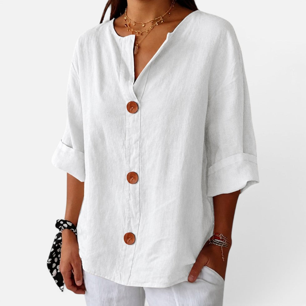Linen Button Front Relaxed Fit Blouse