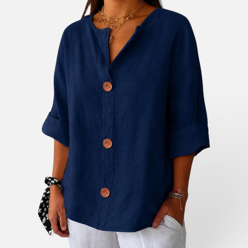 Linen Button Front Relaxed Fit Blouse