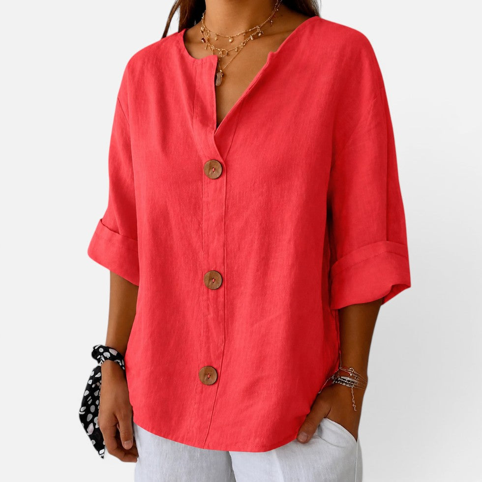 Linen Button Front Relaxed Fit Blouse