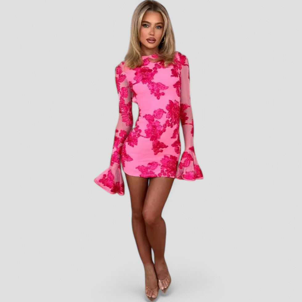 Floral Mesh Mini Dress Bell Sleeve Elegant Spring Style