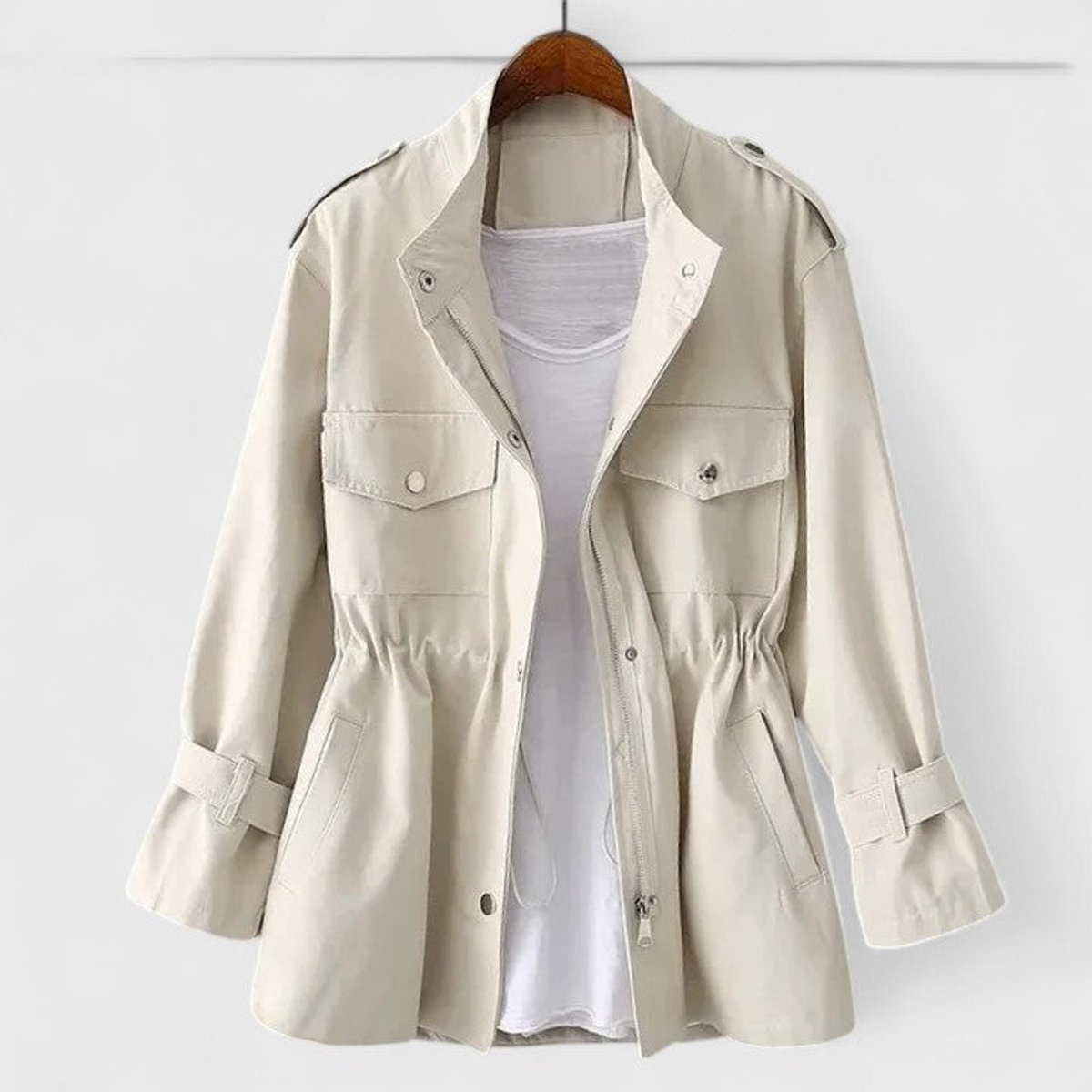 Olivia | Women's Coat Drawstring-Waist Utility Jacket Snap-Pocket 0