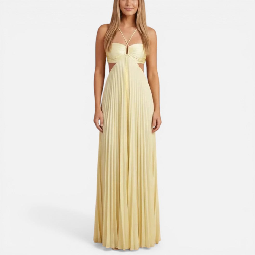 Pleated Backless Maxi Wedding Guest Dress