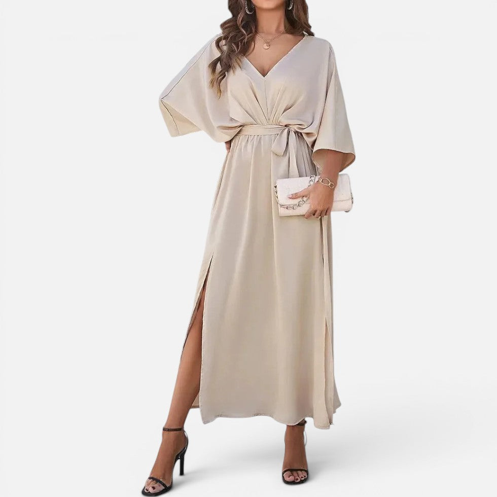 V Neck Belted Maxi Dress with Side Slit