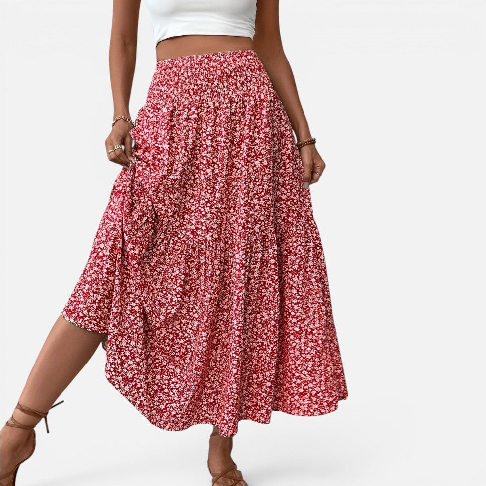 Falda larga de cintura alta con estampado floral y volantes