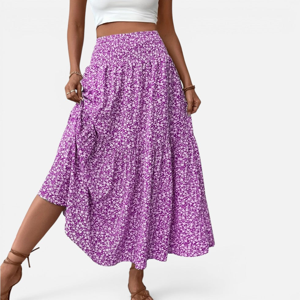 Falda larga de cintura alta con estampado floral y volantes