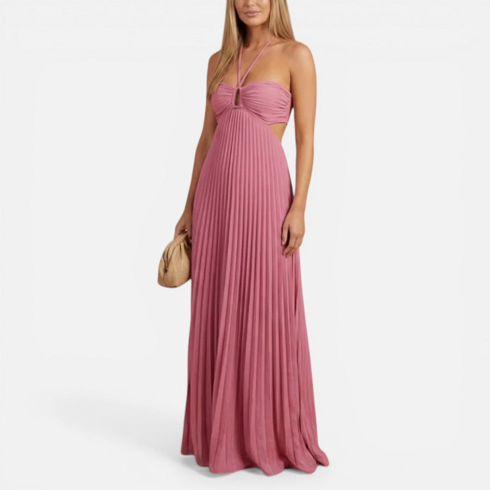 Pleated Backless Maxi Wedding Guest Dress