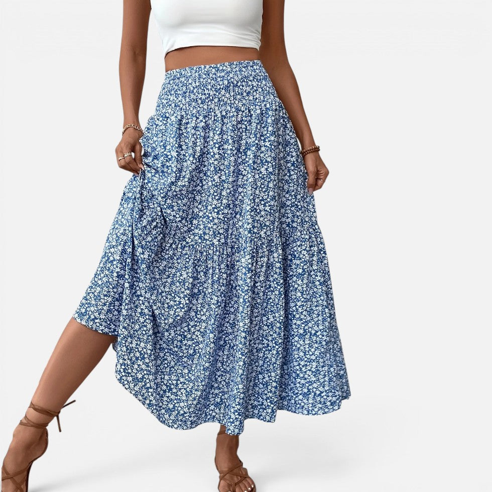 Falda larga de cintura alta con estampado floral y volantes