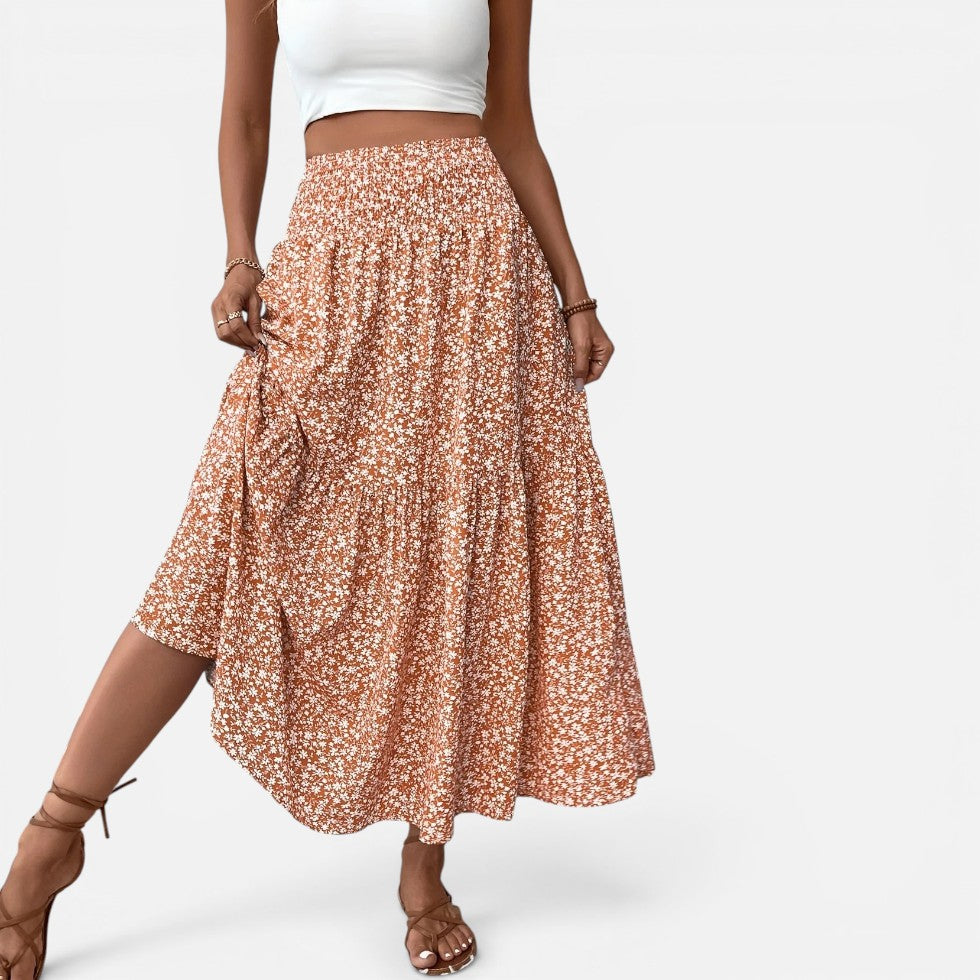 Falda larga de cintura alta con estampado floral y volantes