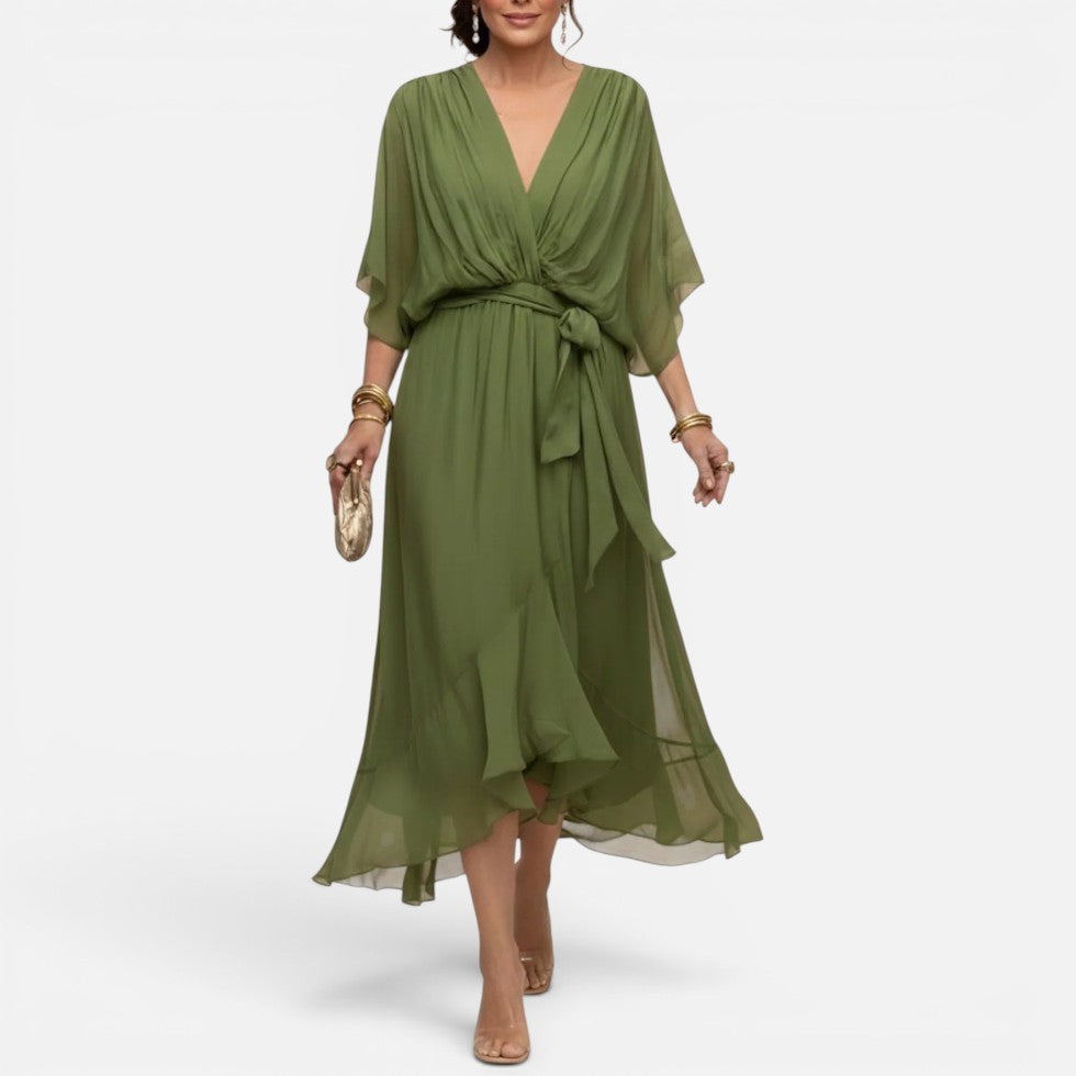 Flowing Wrap Waist Midi Dress