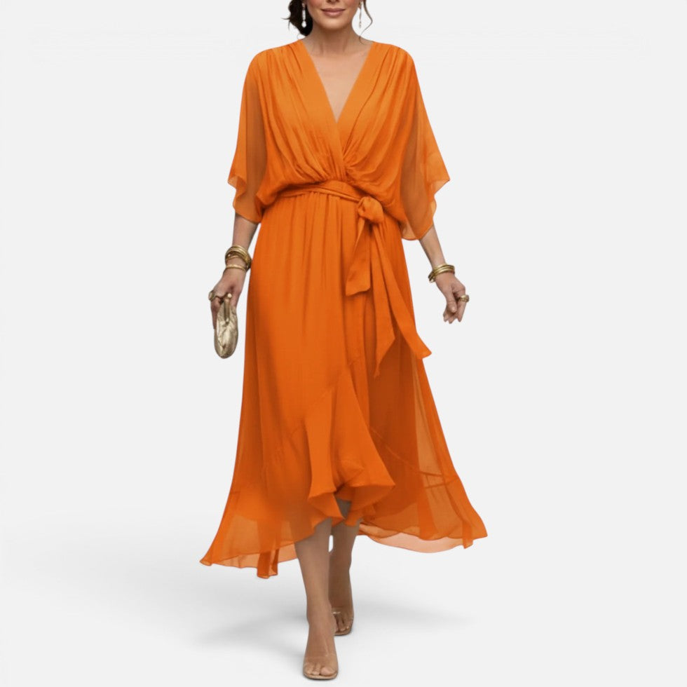 Flowing Wrap Waist Midi Dress