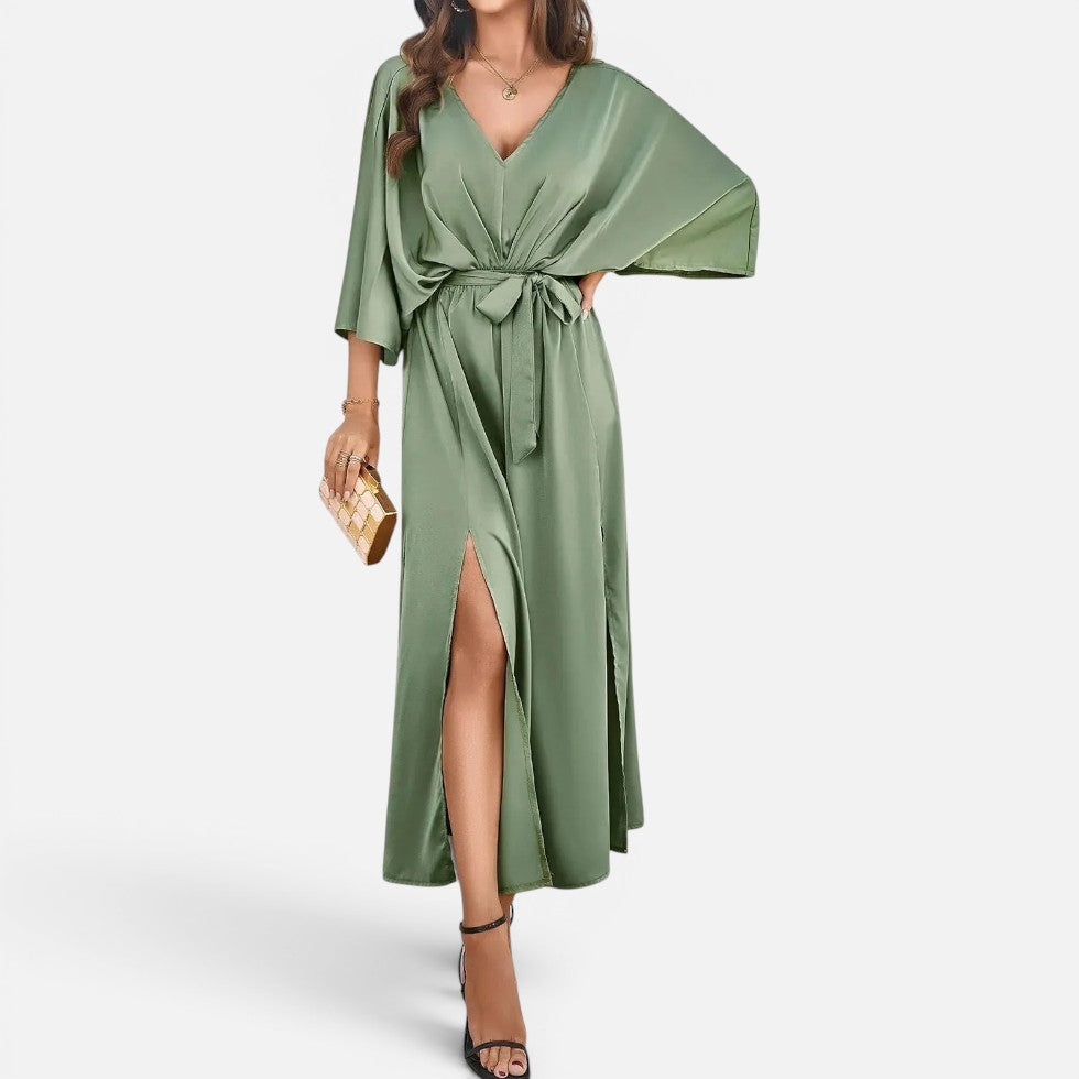 V Neck Belted Maxi Dress with Side Slit