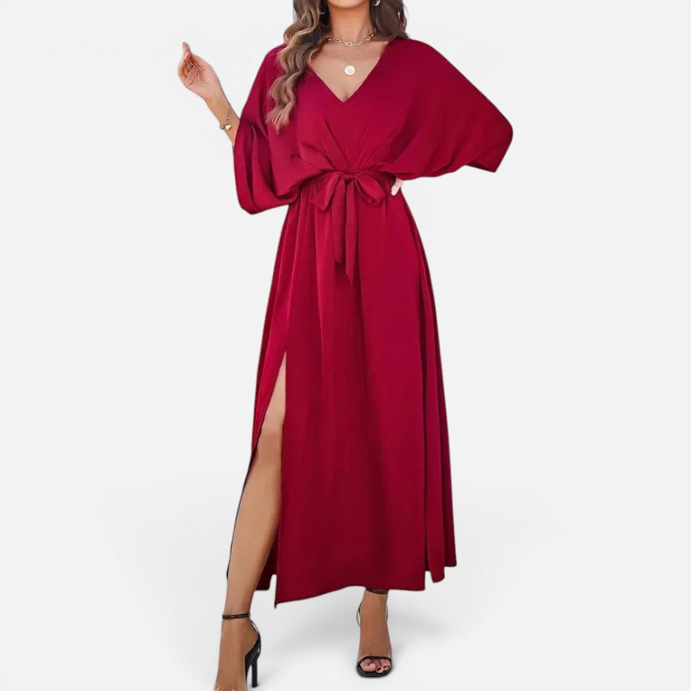 V Neck Belted Maxi Dress with Side Slit