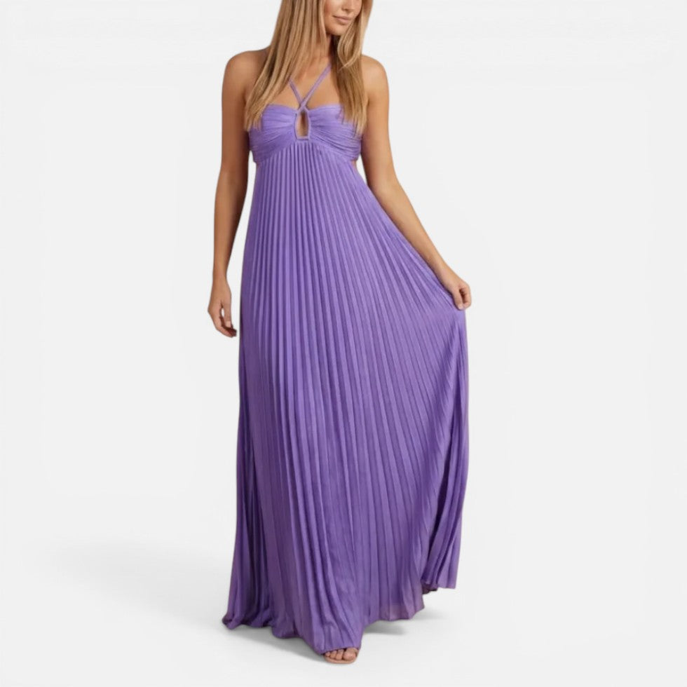 Pleated Backless Maxi Wedding Guest Dress