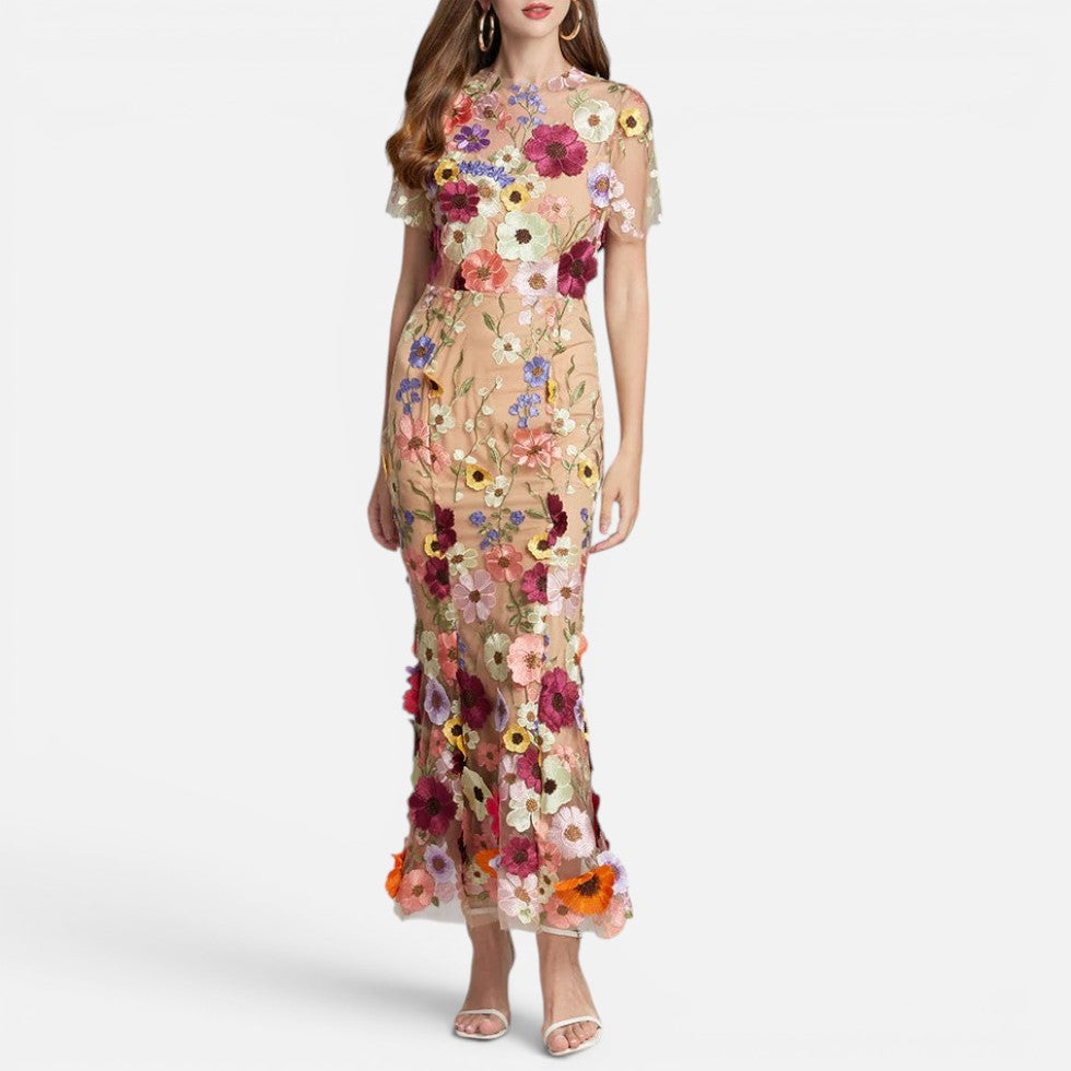 Floral Embroidered Mesh Midi Dress Fitted Silhouette
