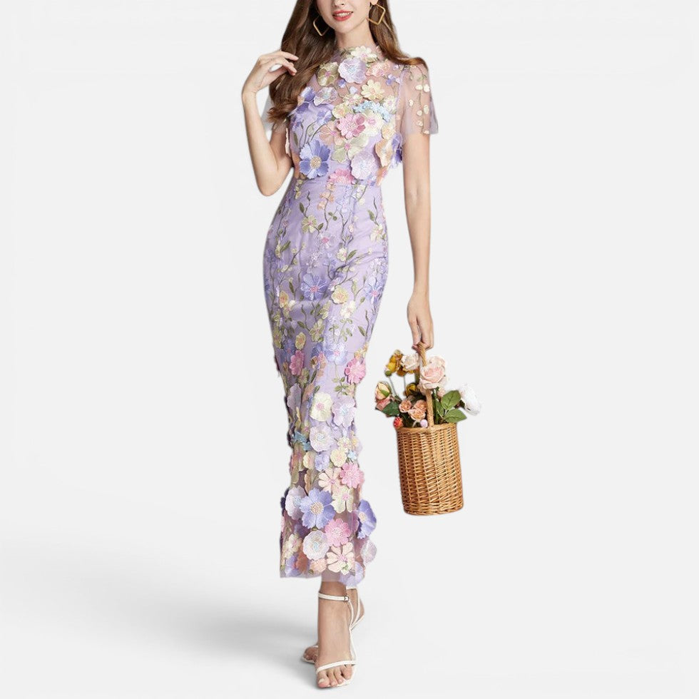Floral Embroidered Mesh Midi Dress Fitted Silhouette