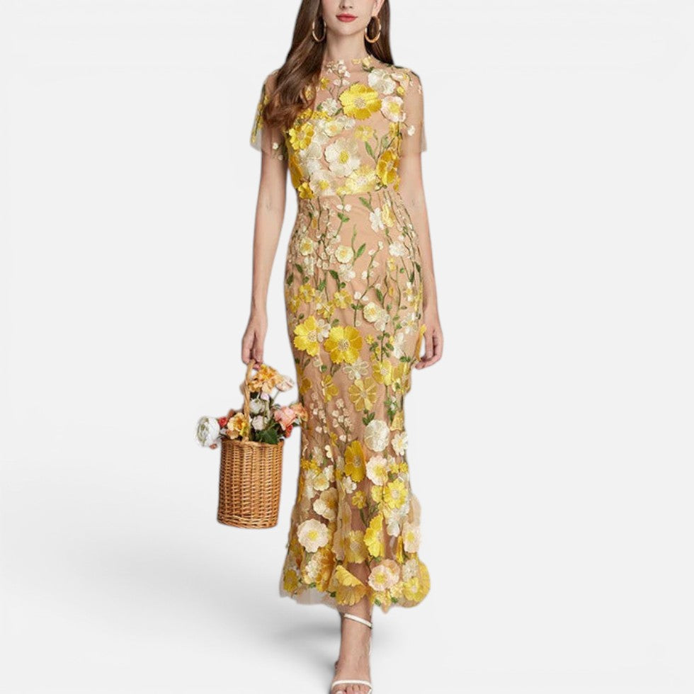 Floral Embroidered Mesh Midi Dress Fitted Silhouette