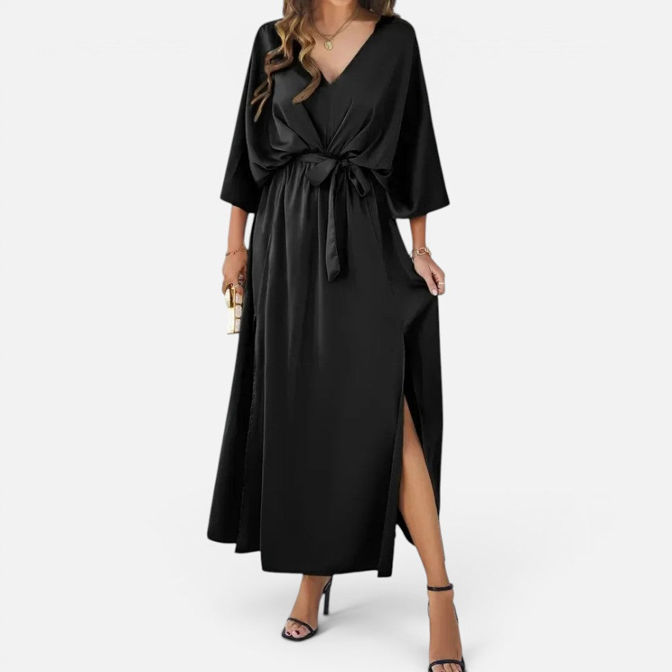 Womens V Neck Midi Dress with Tie Waist and Side Split