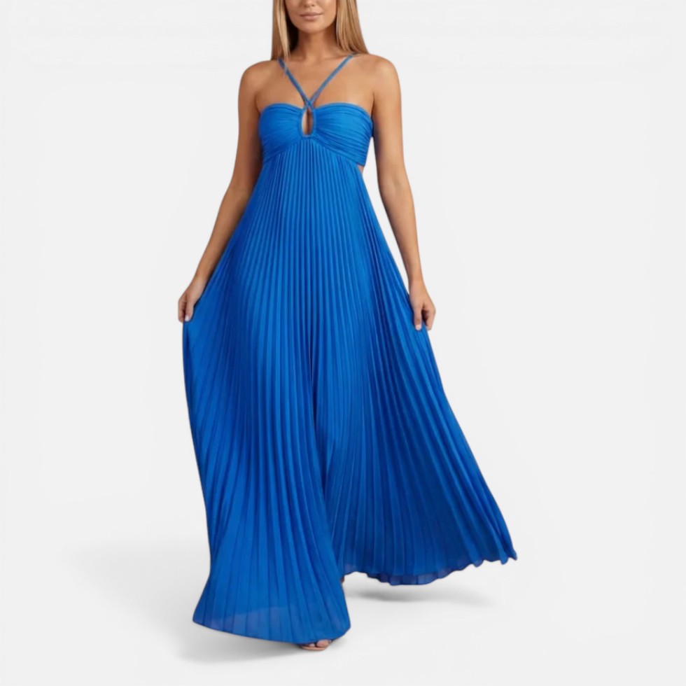 Pleated Backless Maxi Wedding Guest Dress