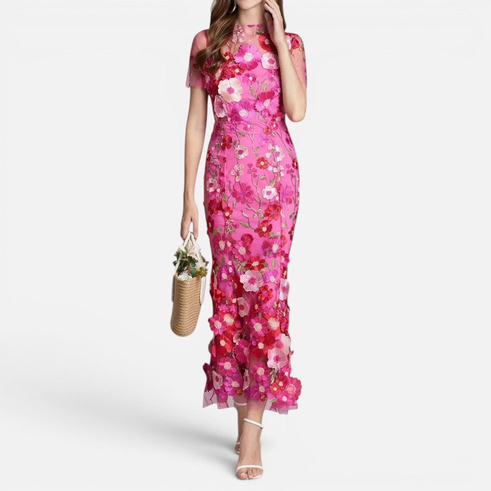 Floral Embroidered Mesh Midi Dress Fitted Silhouette