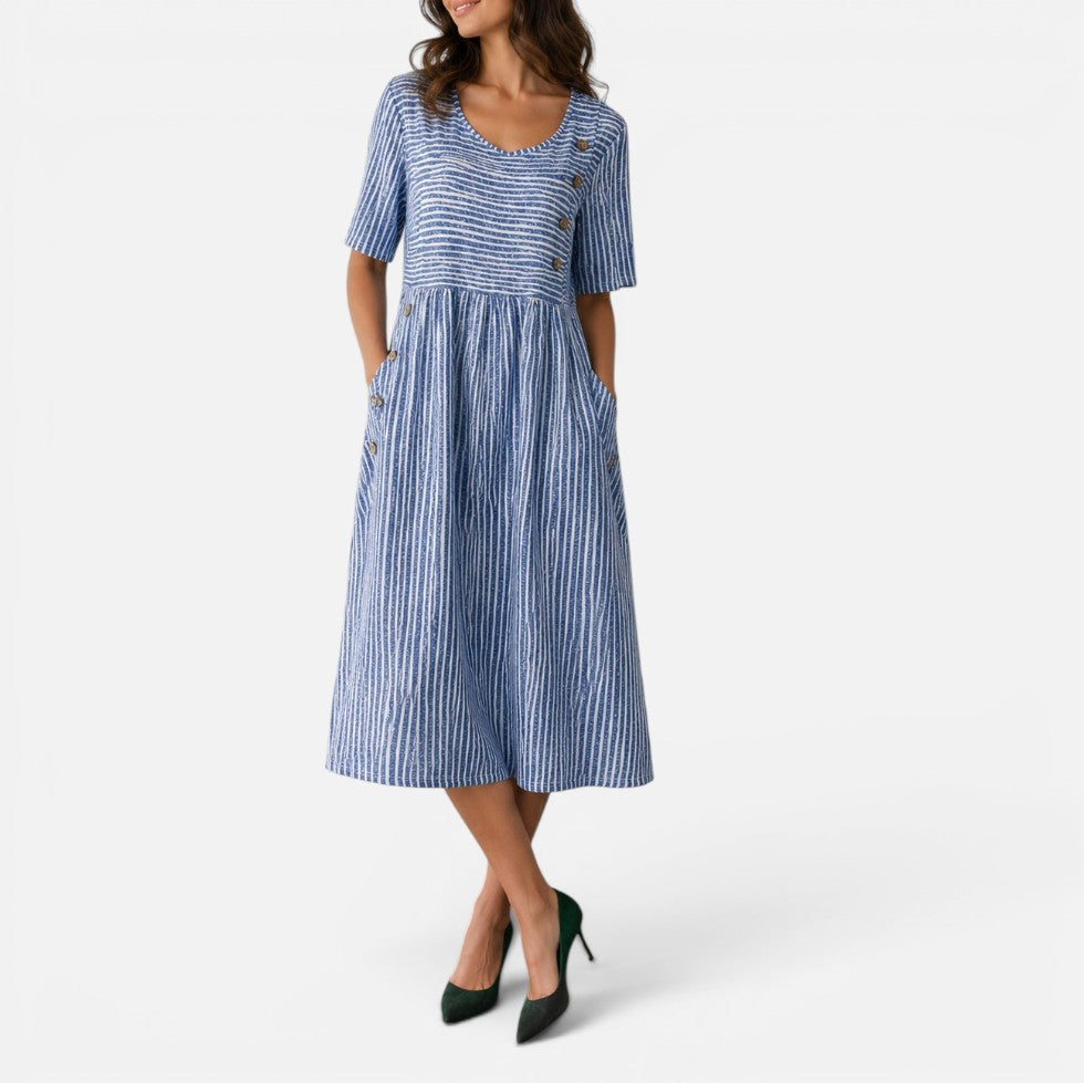 Striped Button Detail Midi Dress