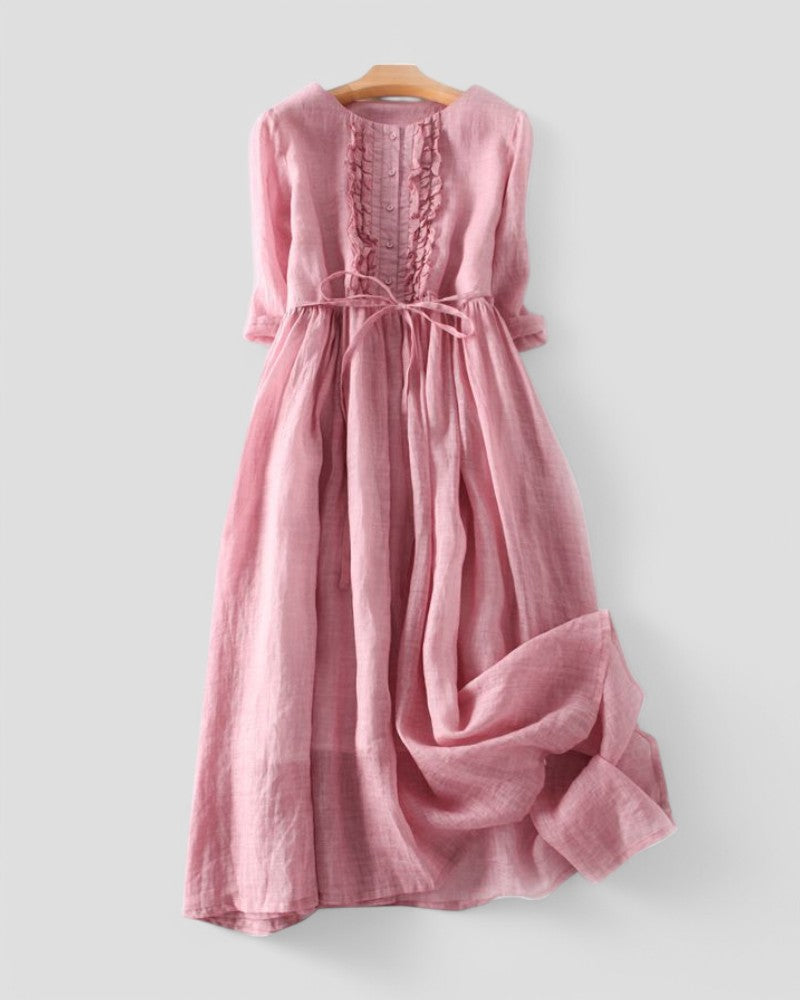 Vestido Midi de Lino para Mujer Ligero con Lazos en la Cintura