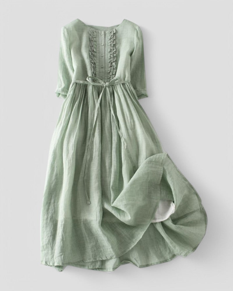 Vestido Midi de Lino para Mujer Ligero con Lazos en la Cintura