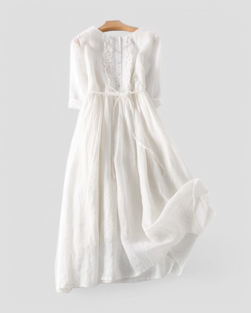 Vestido Midi de Lino para Mujer Ligero con Lazos en la Cintura