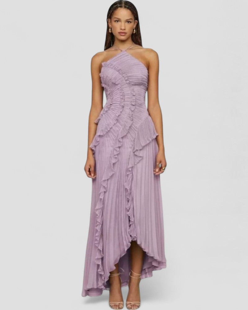 Vestido maxi halter plisado con volantes, corte ajustado, estilo europeo