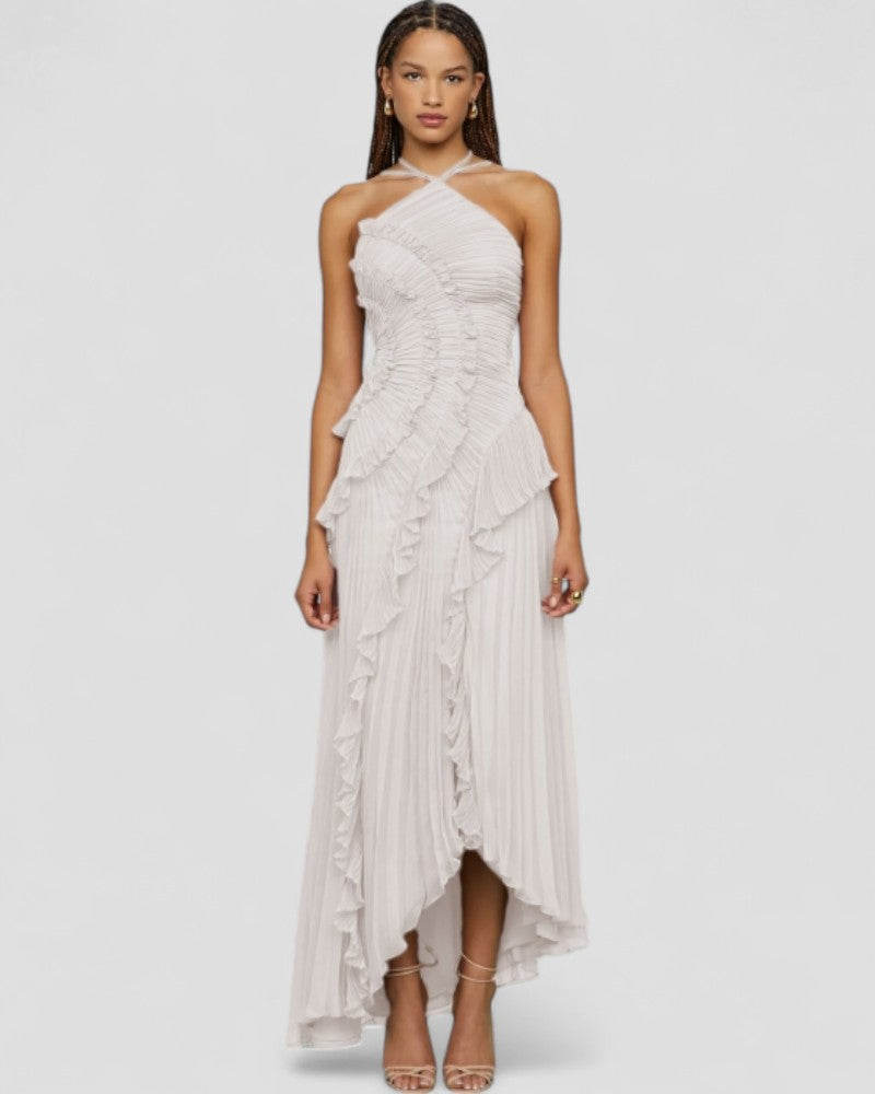 Vestido maxi halter plisado con volantes, corte ajustado, estilo europeo