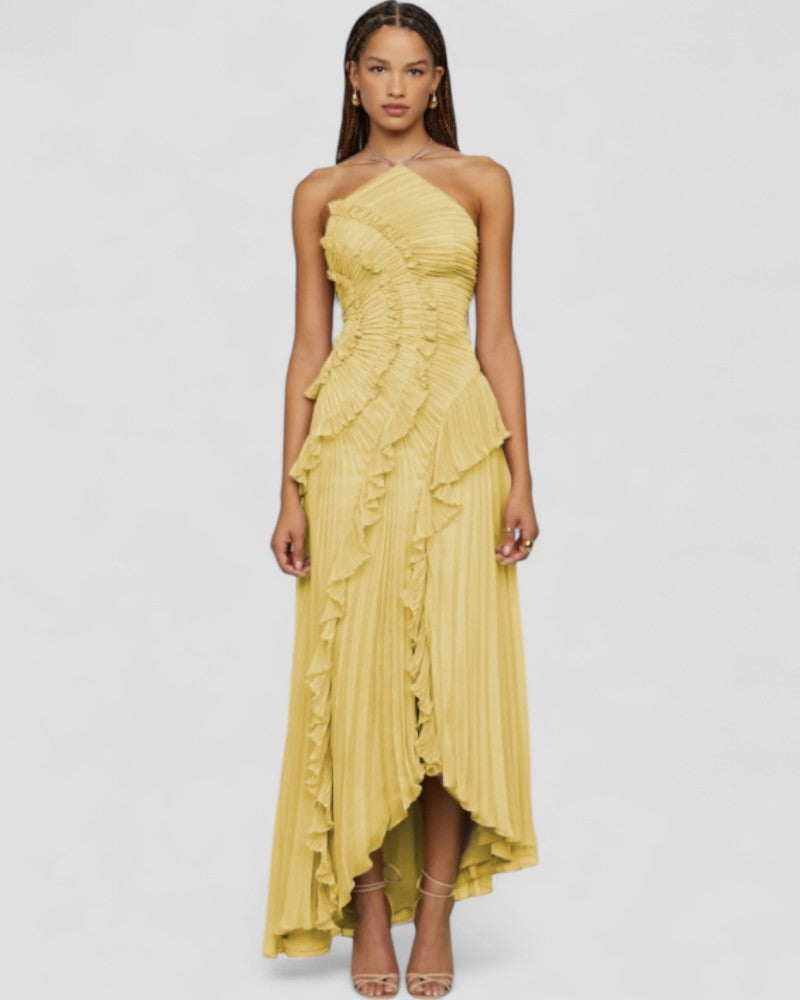 Vestido maxi halter plisado con volantes, corte ajustado, estilo europeo
