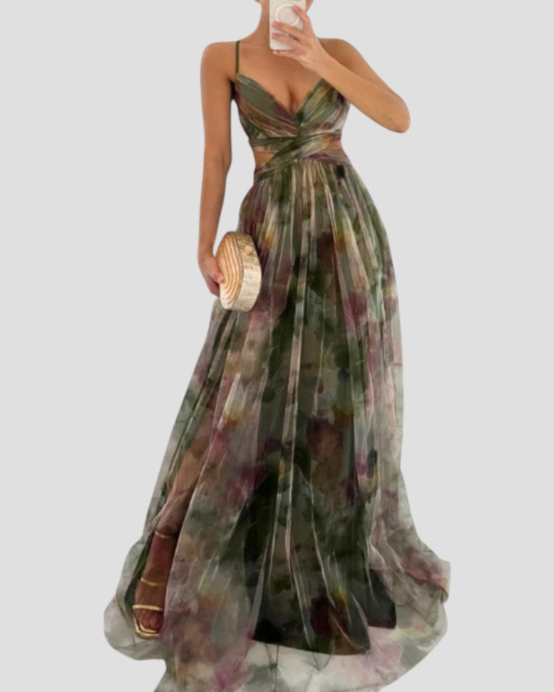 Vestido largo de gasa floral con tirantes finos