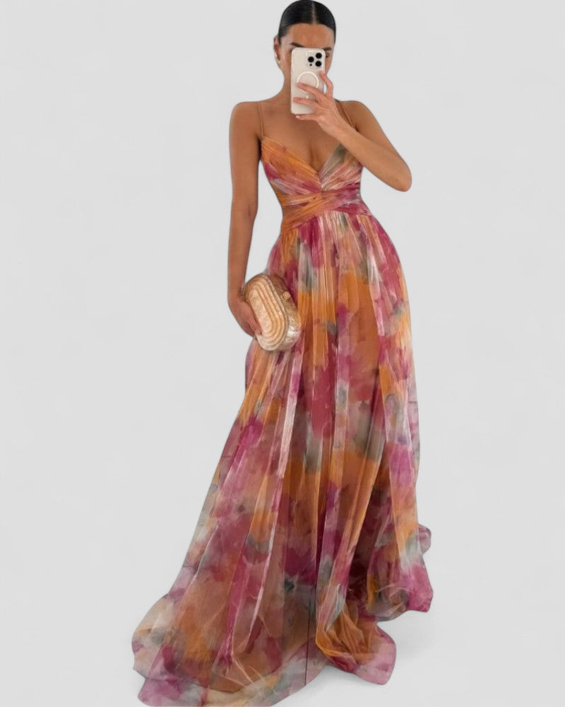 Vestido largo de gasa floral con tirantes finos