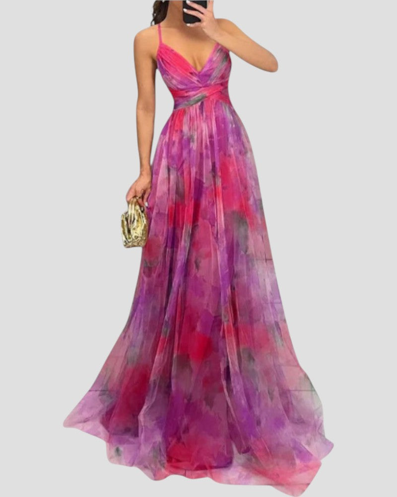 Vestido largo de gasa floral con tirantes finos