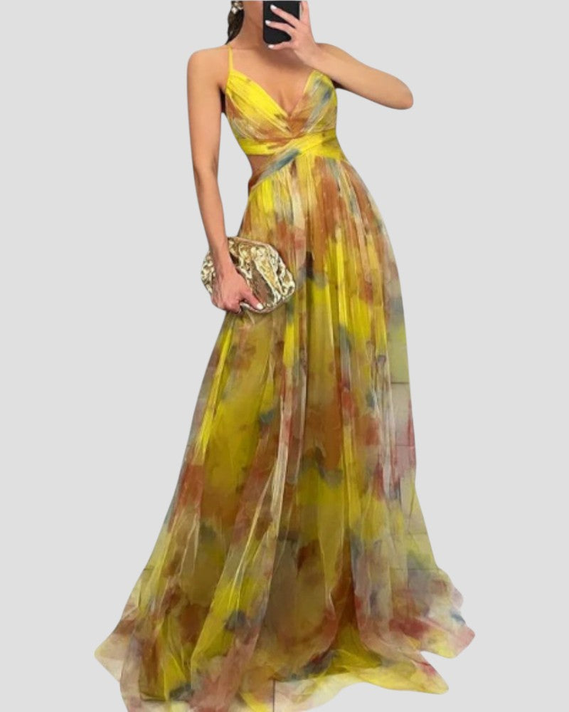 Vestido largo de gasa floral con tirantes finos